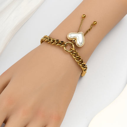 Pulsera De Corazón Con Perlas Y Flecos En Cobre Chapado En Oro 14K