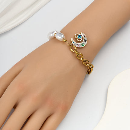 Pulsera Con Diseño De Ojo Y Luna Vintage Con Perlas De Cobre Chapado En Oro 14K