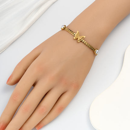 Pulsera De Perlas Con Mariposas En 3D De Cobre Chapado En Oro 14K
