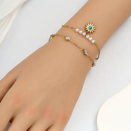 Pulsera Doble Con Flores De Sol Y Perlas Con Diamantes Ovalados De Cobre Chapado En Oro 14K
