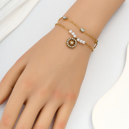 Pulsera De Girasol De Doble Capa Con Perlas Y Cristales Ovalados De Cobre Chapado En Oro 14K
