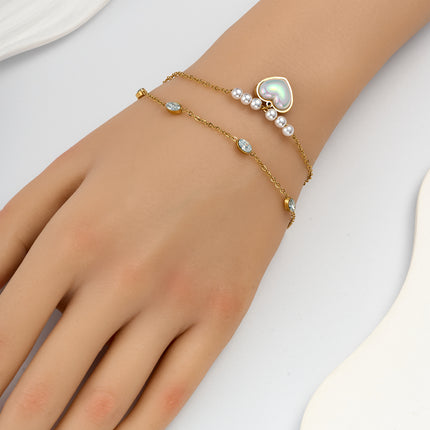 Pulsera Doble Con Corazón De Perlas Y Diamantes Ovalados De Cobre Chapado En Oro 14K