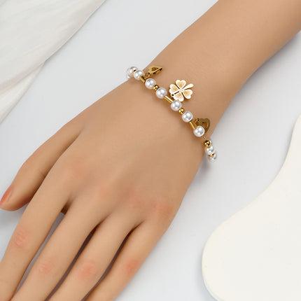 Pulsera De Perlas Con Hojas De Ginkgo De Cobre Chapado En Oro 14K