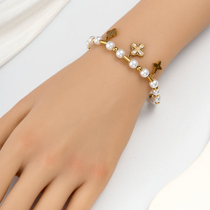 Pulsera Con Diseño De Flor De Cuatro Hojas Y Perlas En Cobre Chapado En Oro 14K