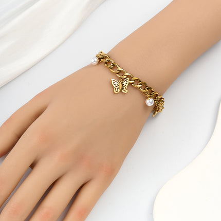 Pulsera De Mariposa Y Perlas De Estilo Cubano En Cobre Chapado En Oro 14K