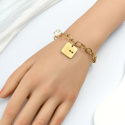 Pulsera Con Diseño De Placa Inglés Y Perlas En Cobre Chapado En Oro 14K