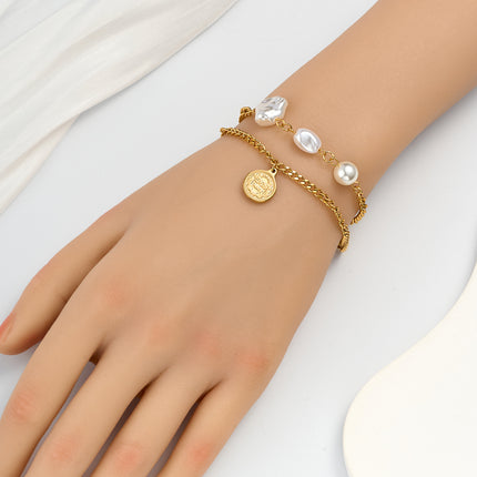 Pulsera De Doble Cadena Con Perlas Y Cierre OT De Cobre Chapado En Oro 14K
