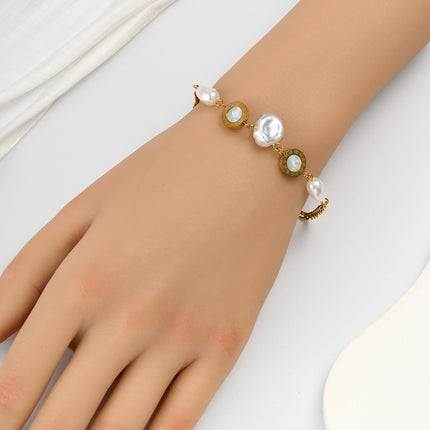 Pulsera De Perlas Con Diseño Placa Redonda De Cobre Chapado En Oro 14K